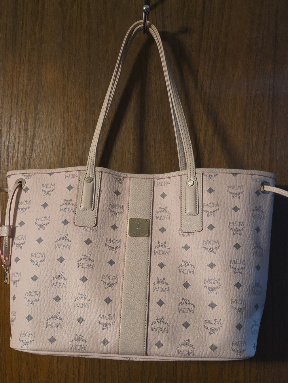 MCM Light Pink Logo Canvas Tote with Gold Plaque, No Detachable Clutch
